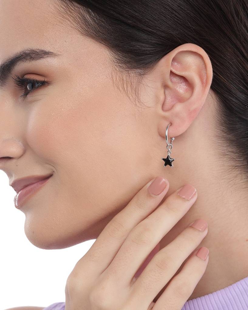 Carlton London Rhodium Plated Dangling Star Half Hoop Earrings : FJE4913