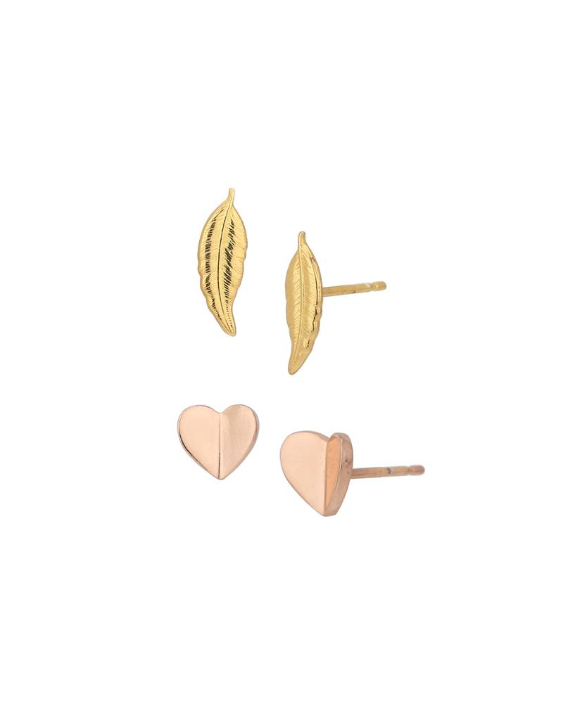 Carlton London Set Of 2 18Kt Gold & Rose Gold Plated Leaf & Heart Shaped Studs : FJE4928