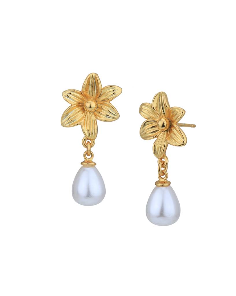 Carlton London 18Kt Gold-Plated Pearl Beaded Floral Drop Earrings : FJE4971