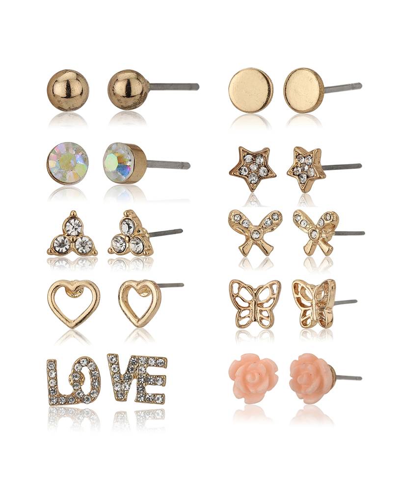 Set Of 10 Gold-Toned & Pink Contemporary Studs Earrings : FJES3894