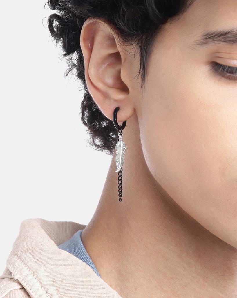 Carlton London Men Silver Plated Leaf With Enamel Stainless Steel Hoop Earrings : FJME4855