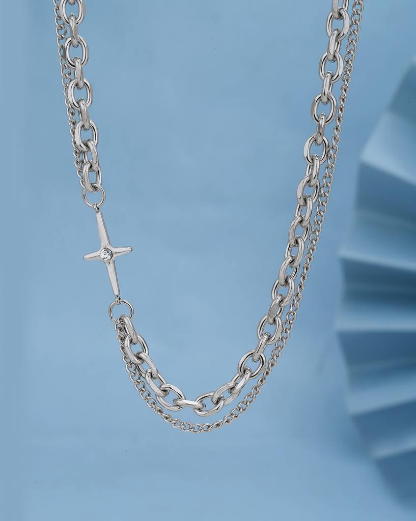Carlton London Men Silver Plated Stainless Steel Cz Double Chain : FJMN4858