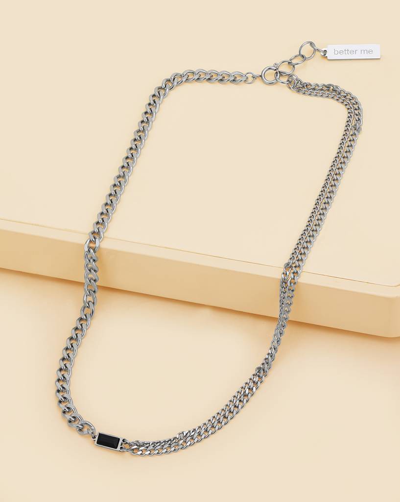 Men Silver Plated Stainless Steel Cz Double Chain Pendant With Chain : FJMN4859