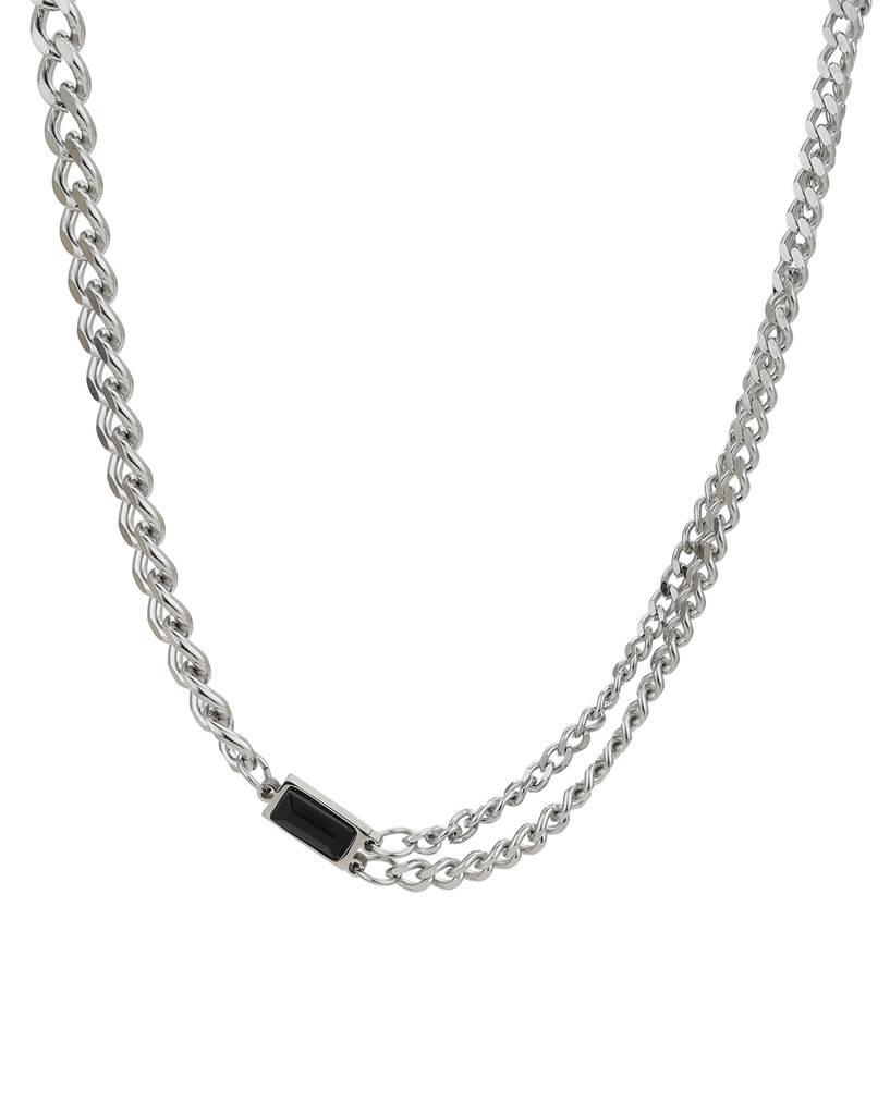 Men Silver Plated Stainless Steel Cz Double Chain Pendant With Chain : FJMN4859
