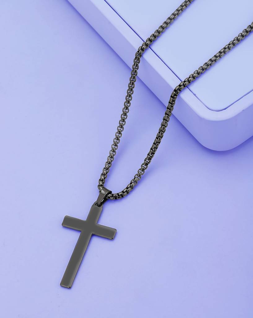 Carlton London Men Silver Plated Stainless Steel Cross Pendant With Chain : FJMN4864