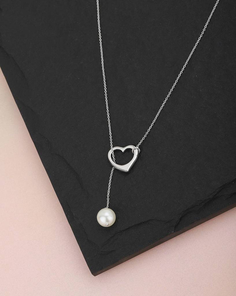 Carlton London Silver-Toned & White Rhodium-Plated Beaded Heart Shaped Necklace : FJN2863