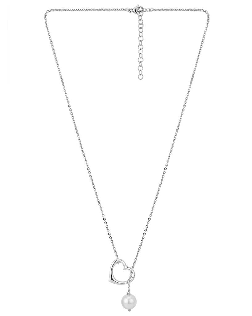 Carlton London Silver-Toned & White Rhodium-Plated Beaded Heart Shaped Necklace : FJN2863