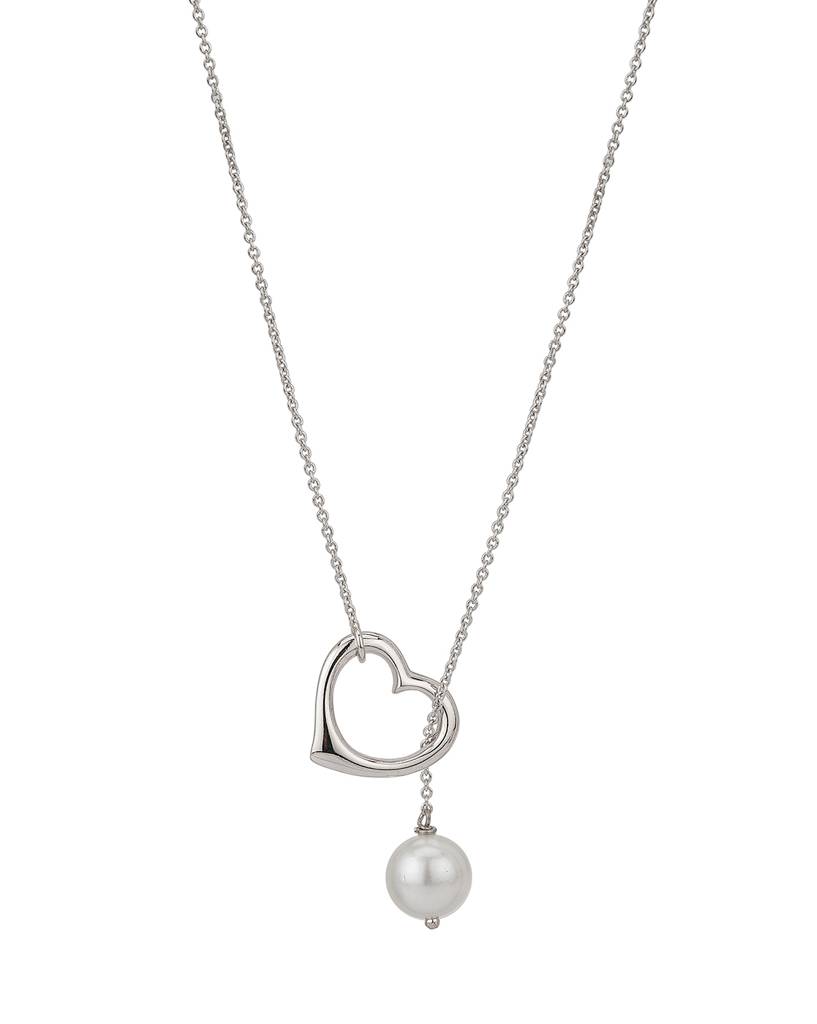 Carlton London Silver-Toned & White Rhodium-Plated Beaded Heart Shaped Necklace : FJN2863