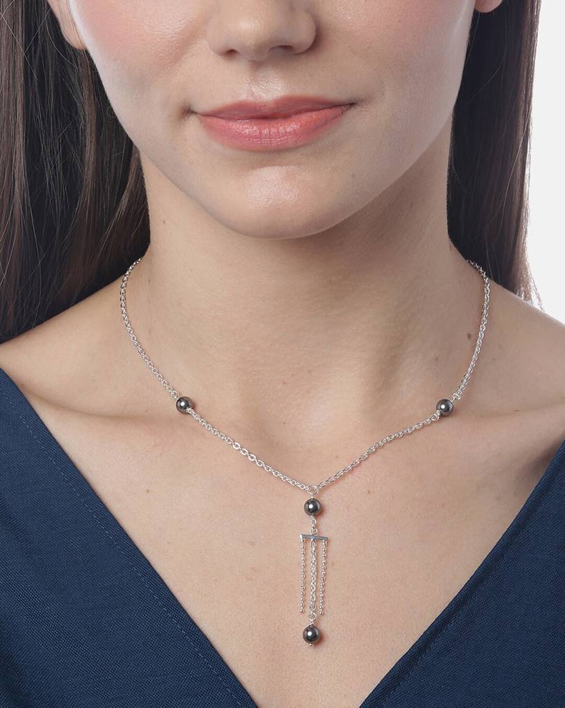 Carlton London Gun Metal-Toned Rhodium-Plated Tasselled & Beaded Necklace : FJN2868
