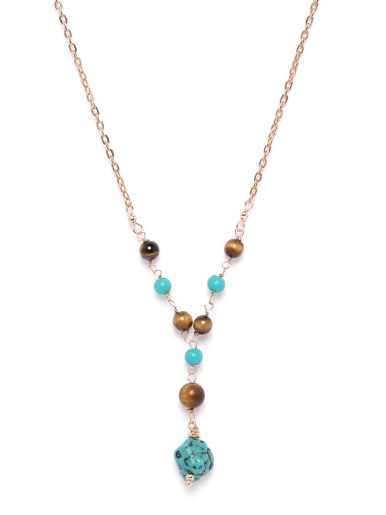 Turquoise Blue & Brown Gold-Plated Beaded Necklace : FJN2917