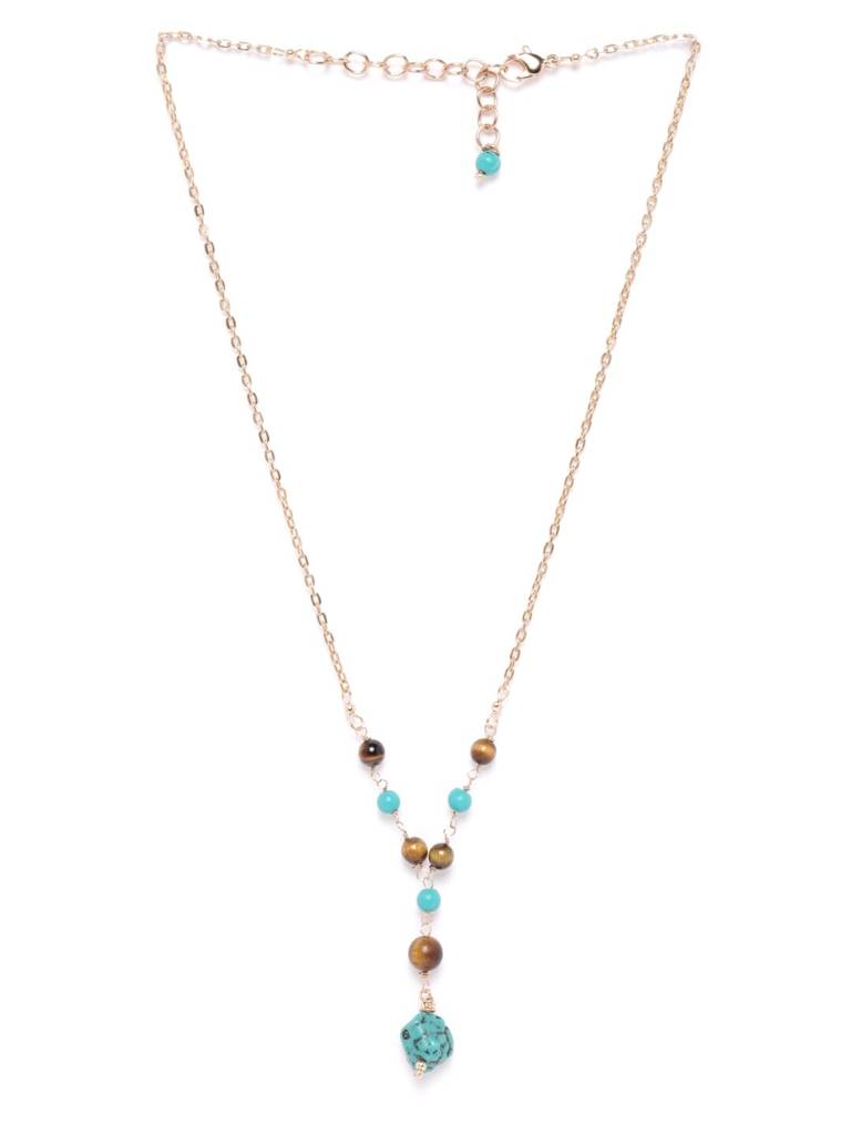 Turquoise Blue & Brown Gold-Plated Beaded Necklace : FJN2917