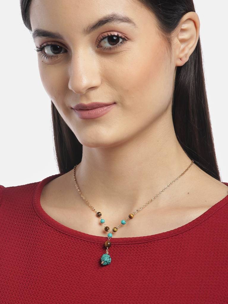 Turquoise Blue & Brown Gold-Plated Beaded Necklace : FJN2917