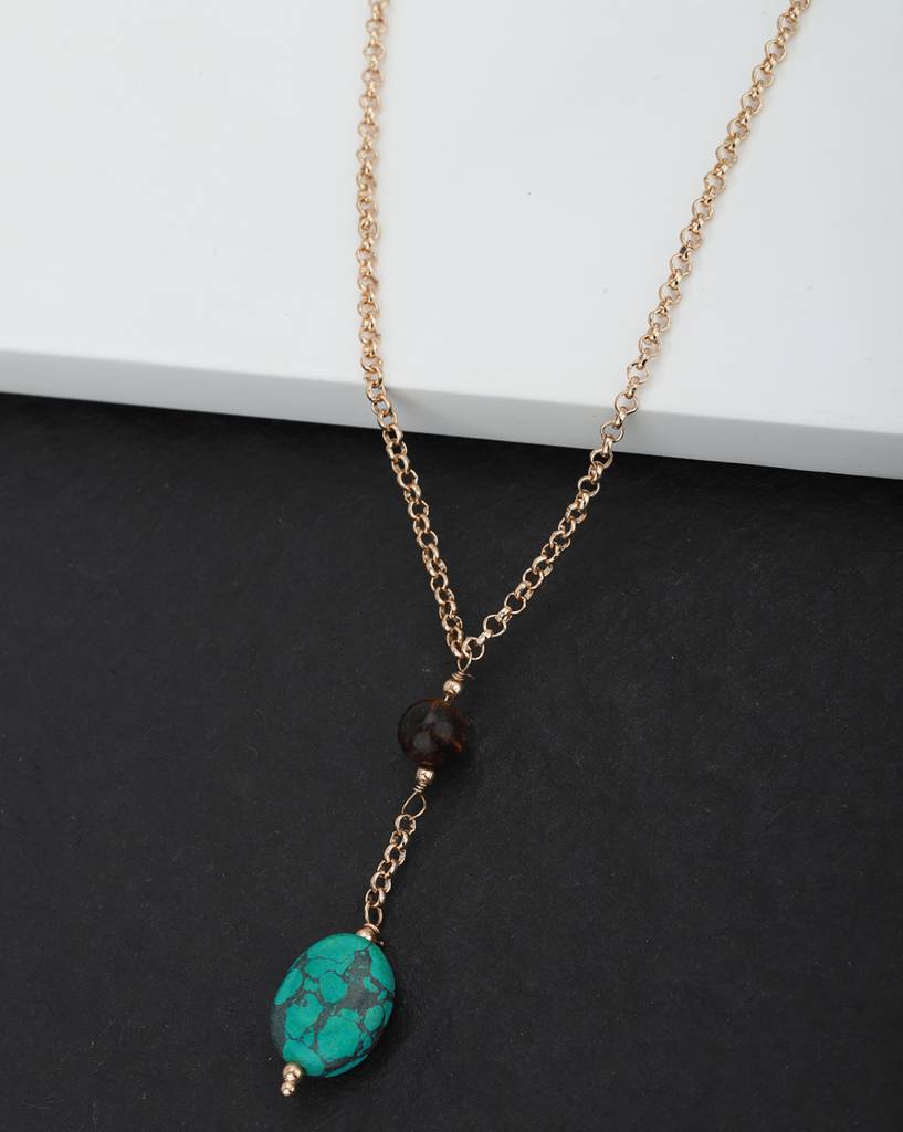 Carlton London Turquoise Blue & Brown Gold-Plated Beaded Necklace : FJN2920