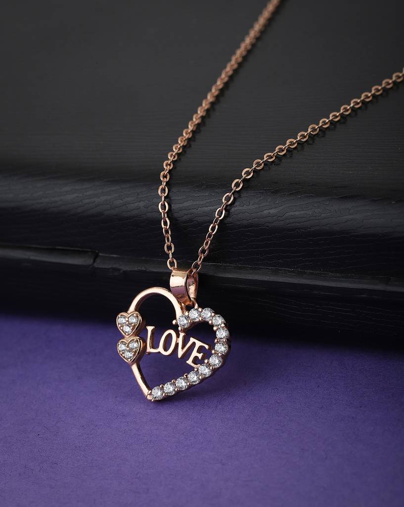 Carlton London Rose Gold-Plated Cz-Studded Heart Shaped Pendant With Chain : FJN2973