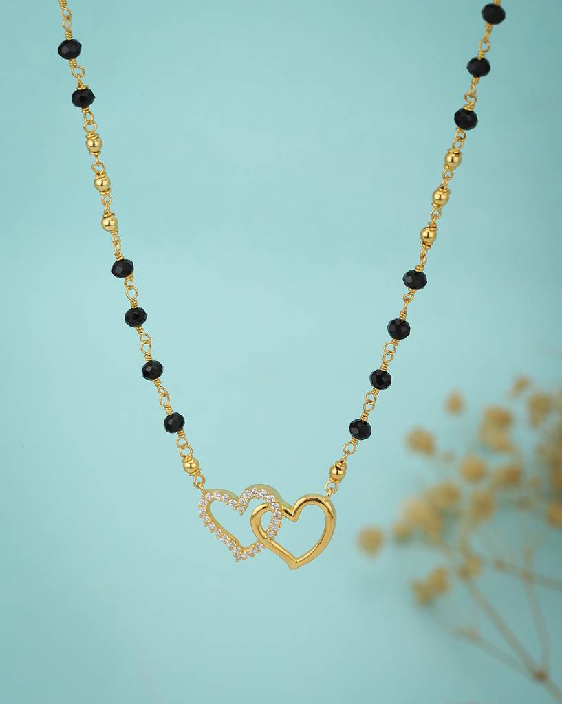 Women Black & Gold-Toned Artificial Stone Studded Mangalsutra : FJN3250
