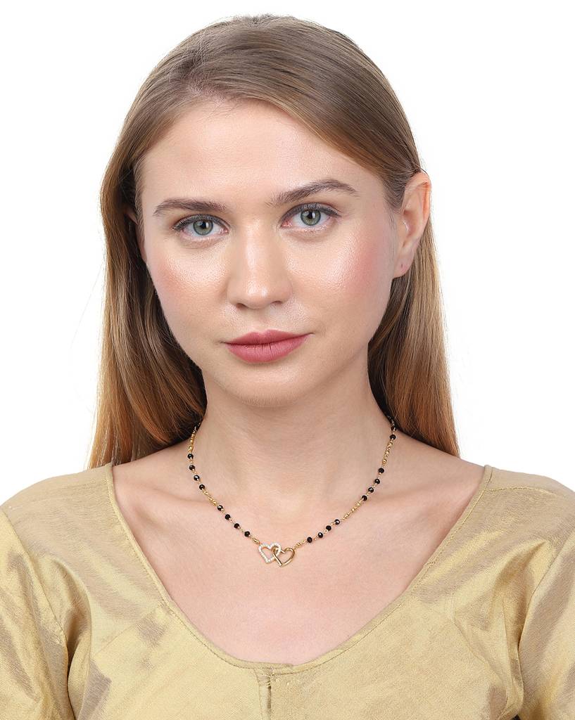 Women Black & Gold-Toned Artificial Stone Studded Mangalsutra : FJN3250