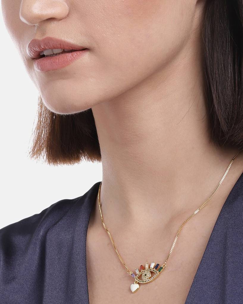 Carlton London Gold-Toned & Off White Brass Gold-Plated & Stone Studded Evil Eye Necklace : FJN3347