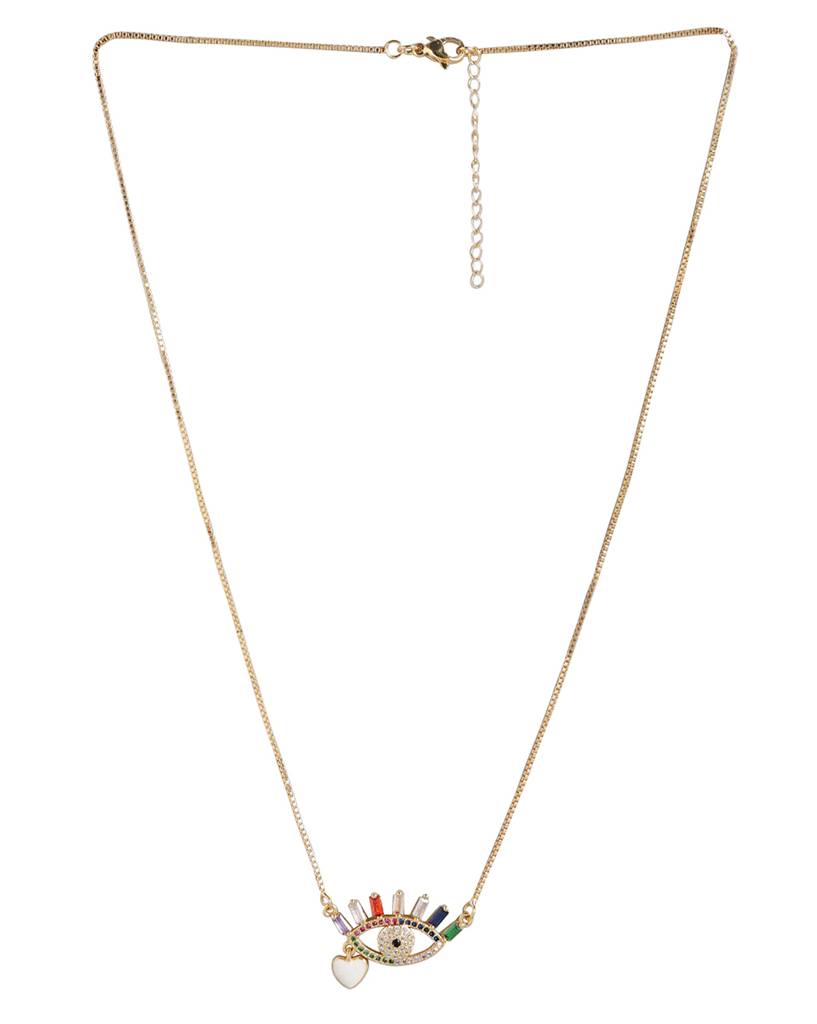 Carlton London Gold-Toned & Off White Brass Gold-Plated & Stone Studded Evil Eye Necklace : FJN3347