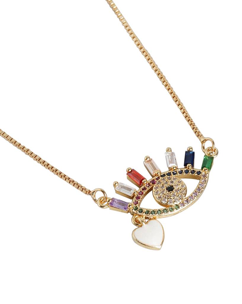 Carlton London Gold-Toned & Off White Brass Gold-Plated & Stone Studded Evil Eye Necklace : FJN3347