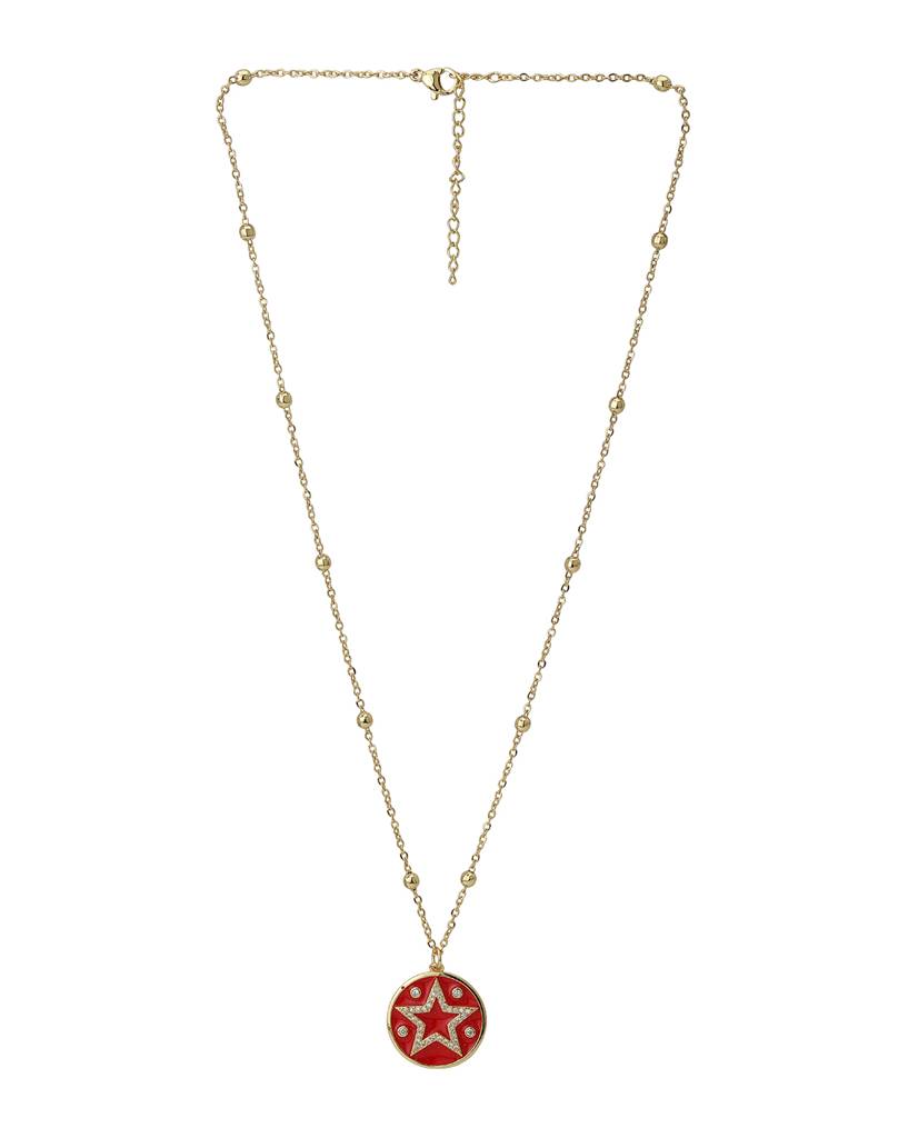 Carlton London Red Gold-Plated Cz-Studded Star-Shaped Enamelled Necklace : FJN3349