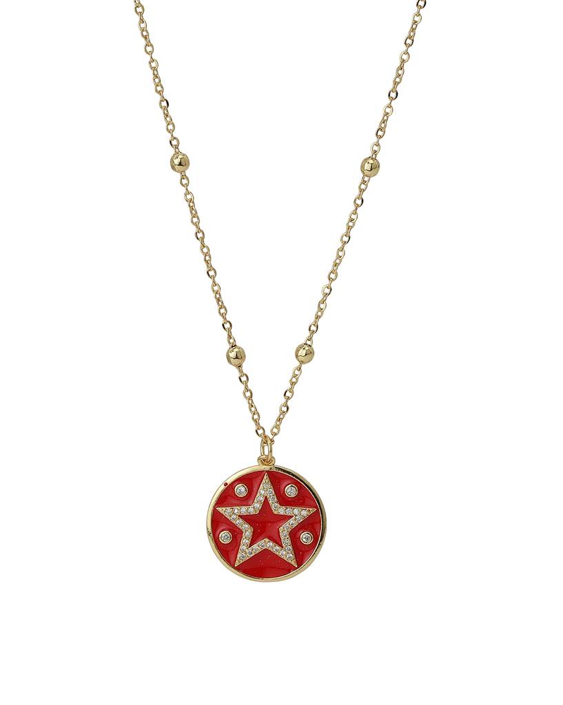 Carlton London Red Gold-Plated Cz-Studded Star-Shaped Enamelled Necklace : FJN3349