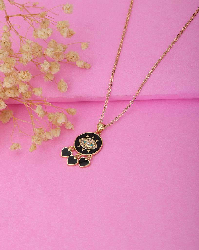 Carlton London Women Black Gold-Plated Cz Studded Evil Eye Pendant With Chain : FJN3350