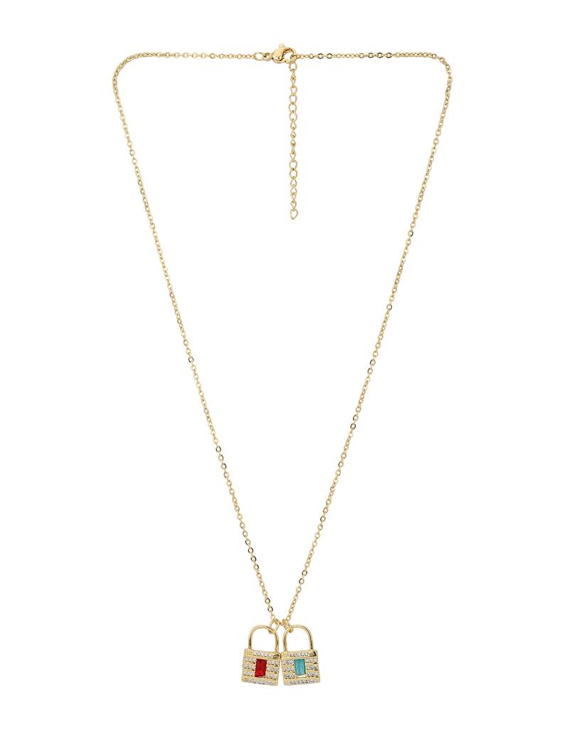 Carlton London Red & Turquoise Blue Gold-Plated Cz-Studded Lock-Shaped Necklace : FJN3353