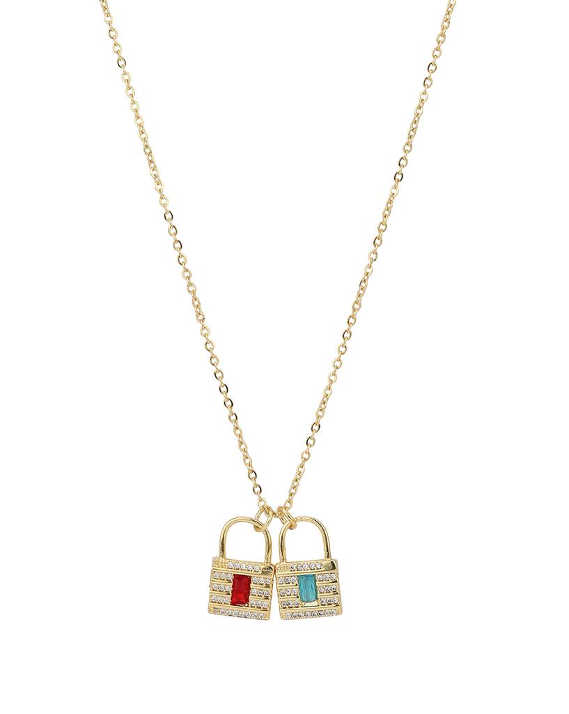 Carlton London Red & Turquoise Blue Gold-Plated Cz-Studded Lock-Shaped Necklace : FJN3353