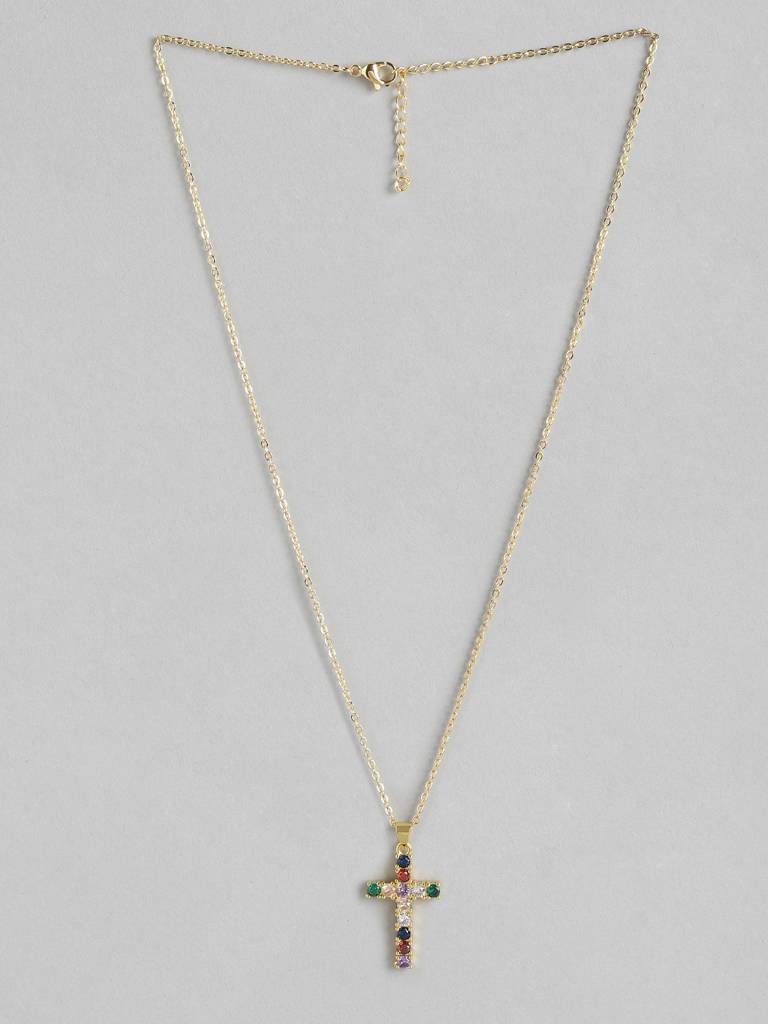 Gold-Plated Cz Studded Christian Cross Pendant With Chain : FJN3356
