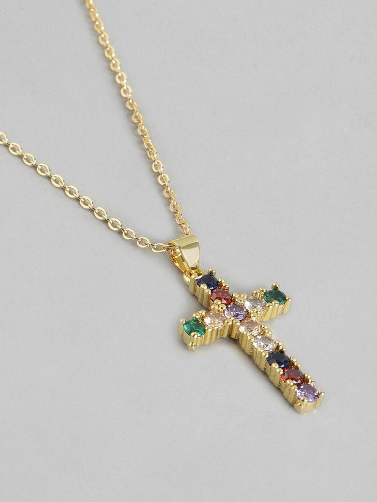 Gold-Plated Cz Studded Christian Cross Pendant With Chain : FJN3356