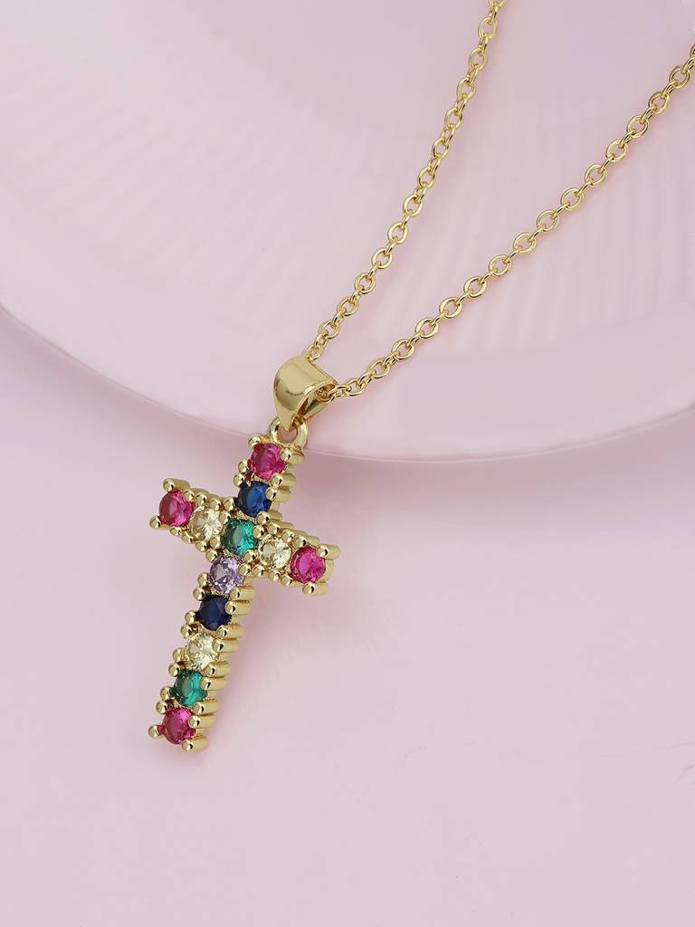Gold-Plated Cz Studded Christian Cross Pendant With Chain : FJN3356