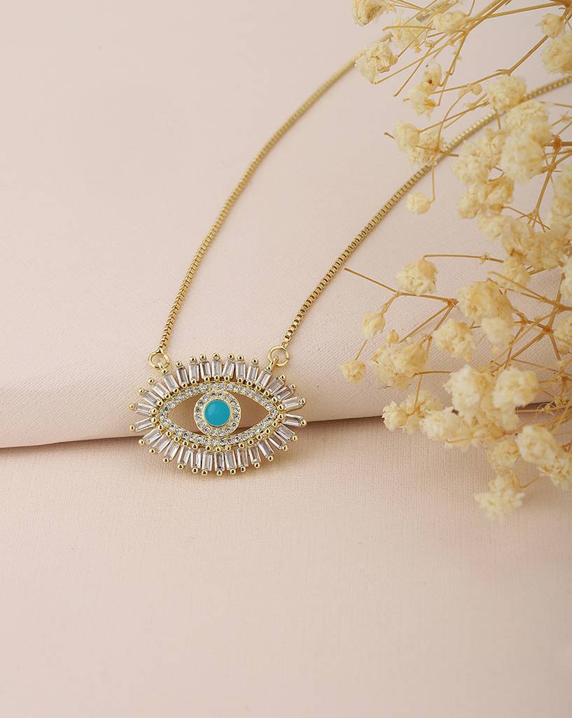 Carlton London Blue Gold-Plated Cz Studded Evil Eye Necklace : FJN3357