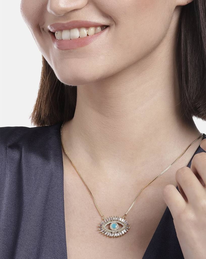 Carlton London Blue Gold-Plated Cz Studded Evil Eye Necklace : FJN3357