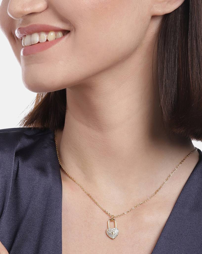 Carlton London Gold-Plated Cz Studded Heart Shaped Pendant With Chain : FJN3358