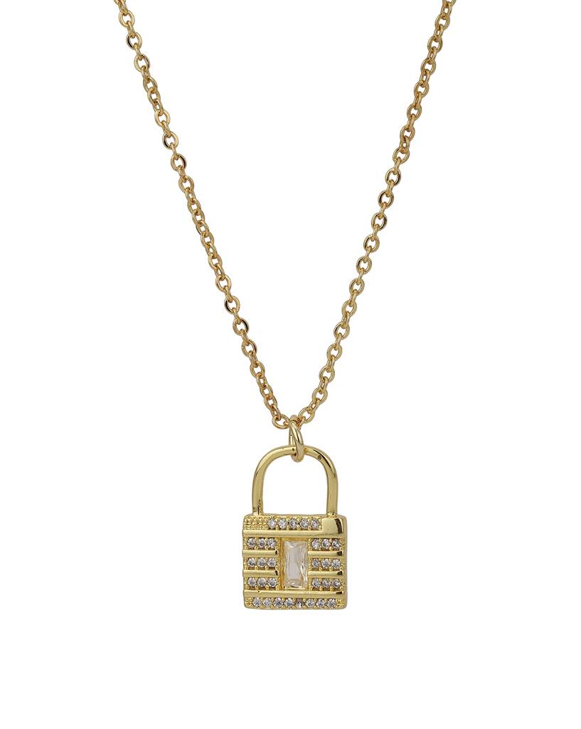 Carlton London Gold-Plated Cz-Studded Lock-Shaped Necklace : FJN3363