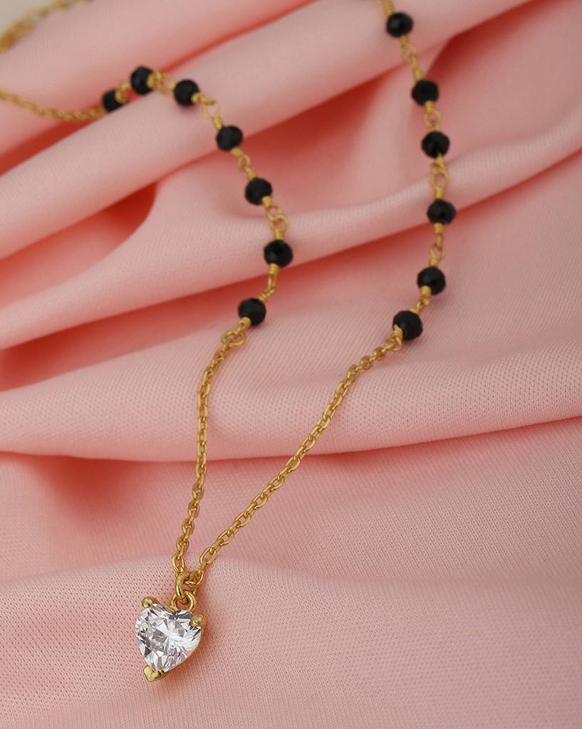 Gold-Plated & Black Crystal Studded Mangalsuta : FJN3703