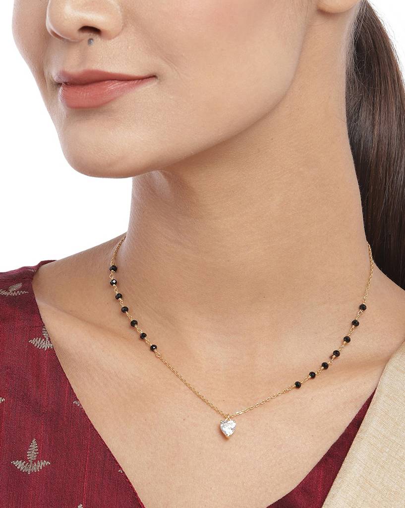 Gold-Plated & Black Crystal Studded Mangalsuta : FJN3703