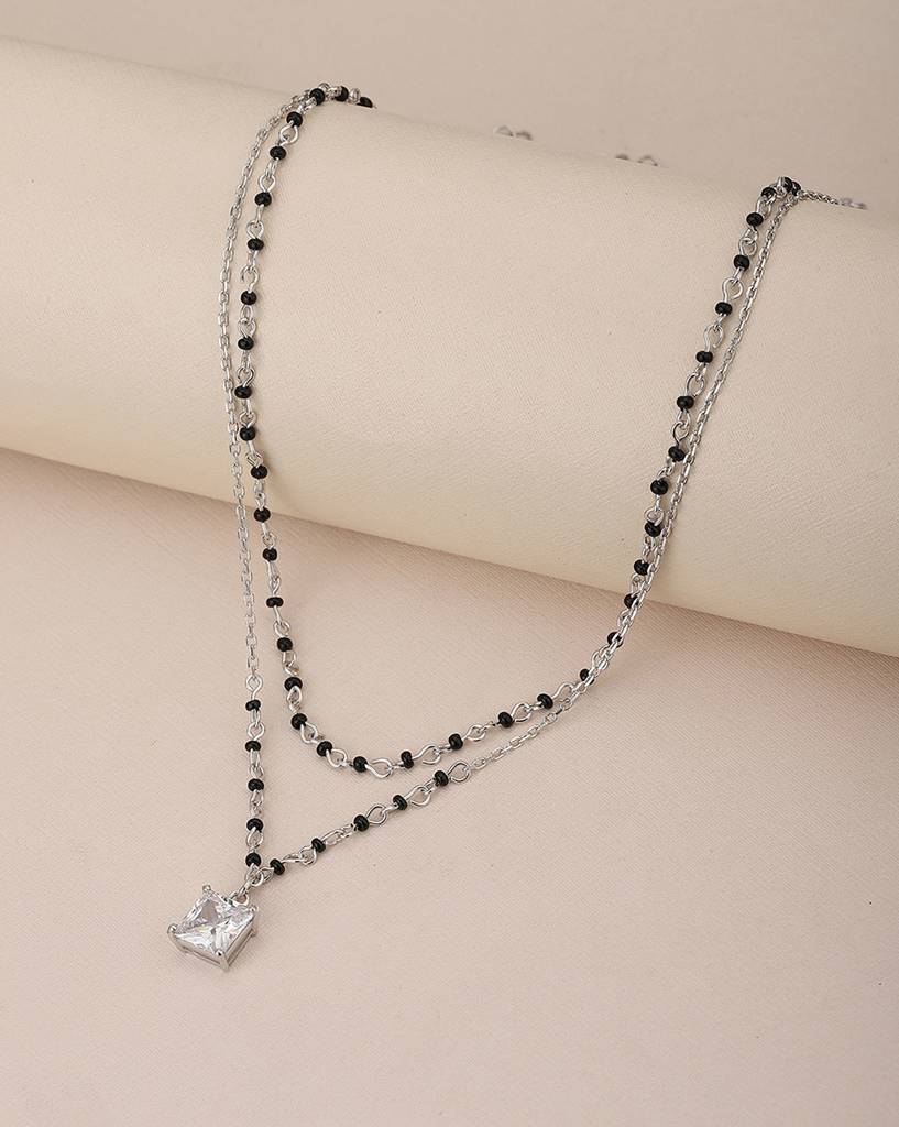 Carlton London Silver-Plated & Black Crystal Studded Double Layered Mangalsuta : FJN3704