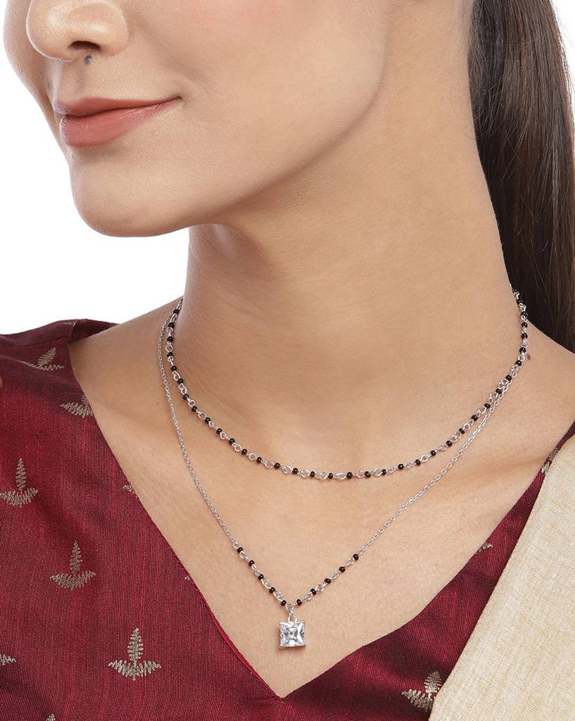 Carlton London Silver-Plated & Black Crystal Studded Double Layered Mangalsuta : FJN3704