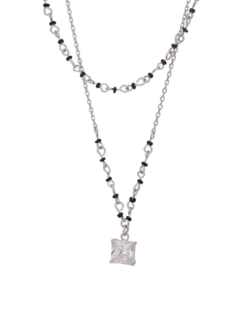 Carlton London Silver-Plated & Black Crystal Studded Double Layered Mangalsuta : FJN3704