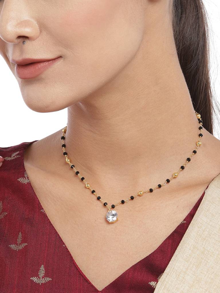 Gold-Plated & Black Crystal Studded Mangalsuta : FJN3705