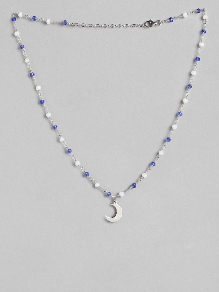 Silver-Toned Rhodium-Plated White & Blue Brass Beaded Necklace : FJN3841