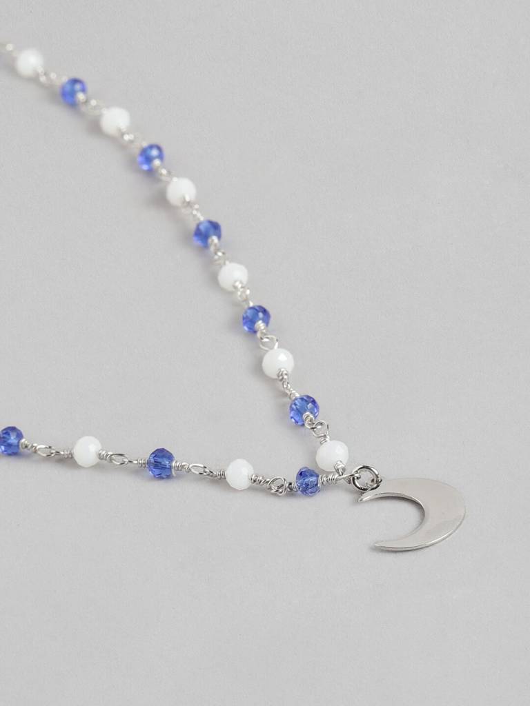 Silver-Toned Rhodium-Plated White & Blue Brass Beaded Necklace : FJN3841