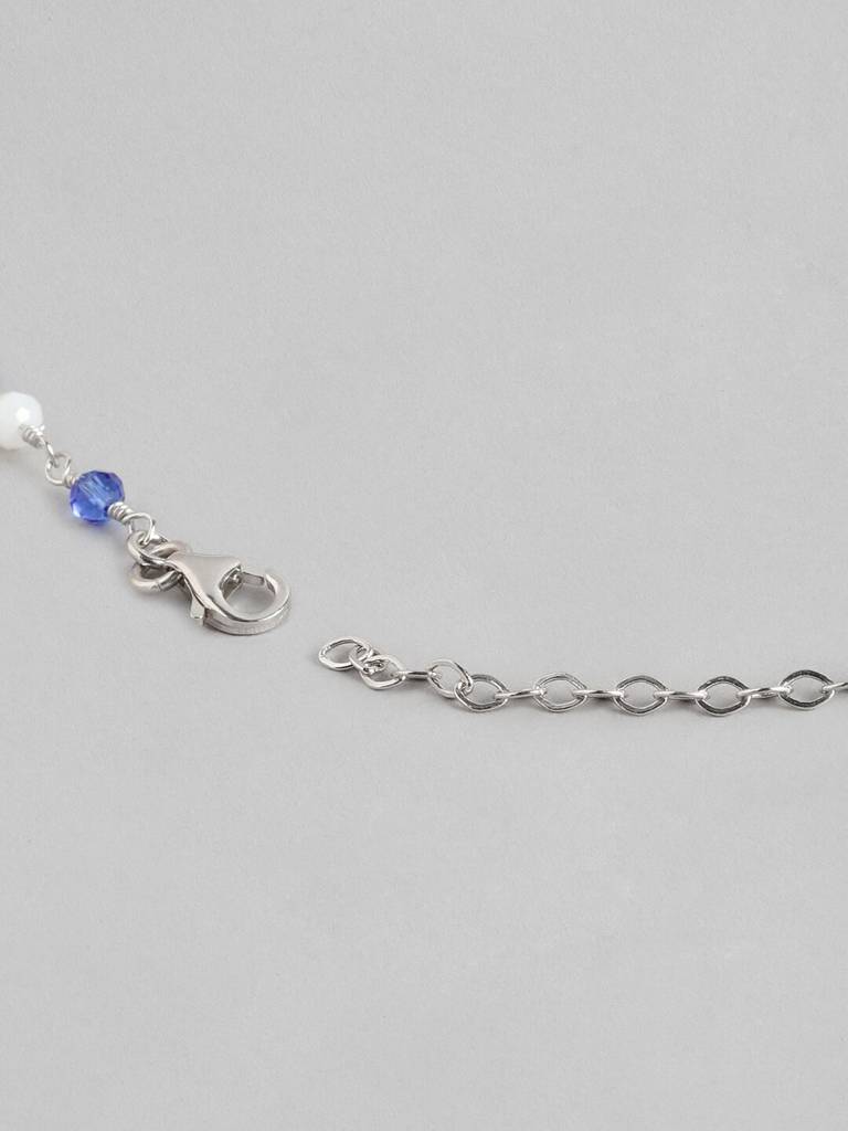 Silver-Toned Rhodium-Plated White & Blue Brass Beaded Necklace : FJN3841