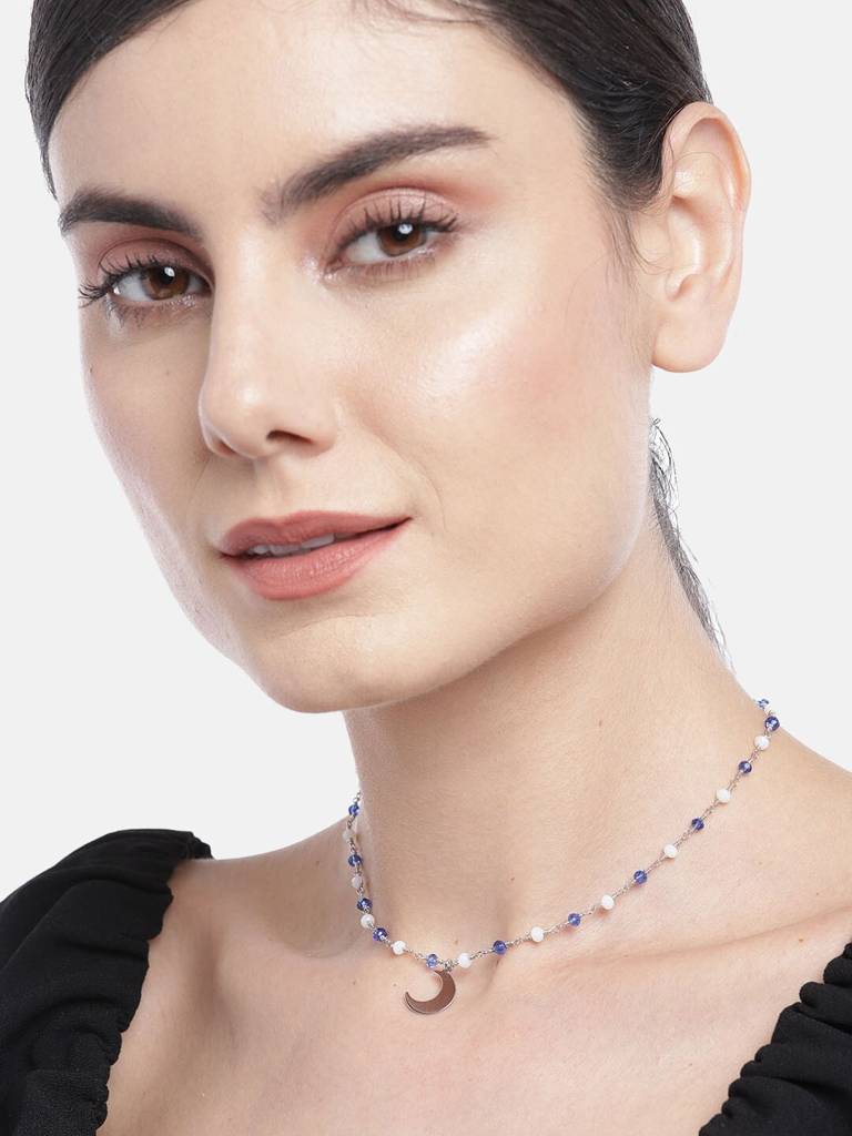 Silver-Toned Rhodium-Plated White & Blue Brass Beaded Necklace : FJN3841