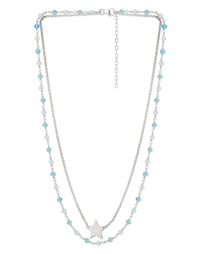 Carlton London Silver-Toned & Turquoise Blue Brass Rhodium-Plated Layered Necklace : FJN3844