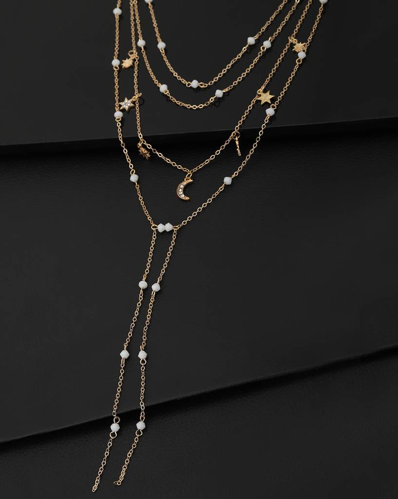 Carlton London Rose Gold Toned & White Cz Studded Charm Multi Layered Necklace : FJN3868