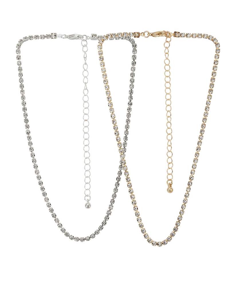 Set Of 2 Silver & Gold Toned Cz Studded Gold And Rhodium Plated Necklace : FJN3885