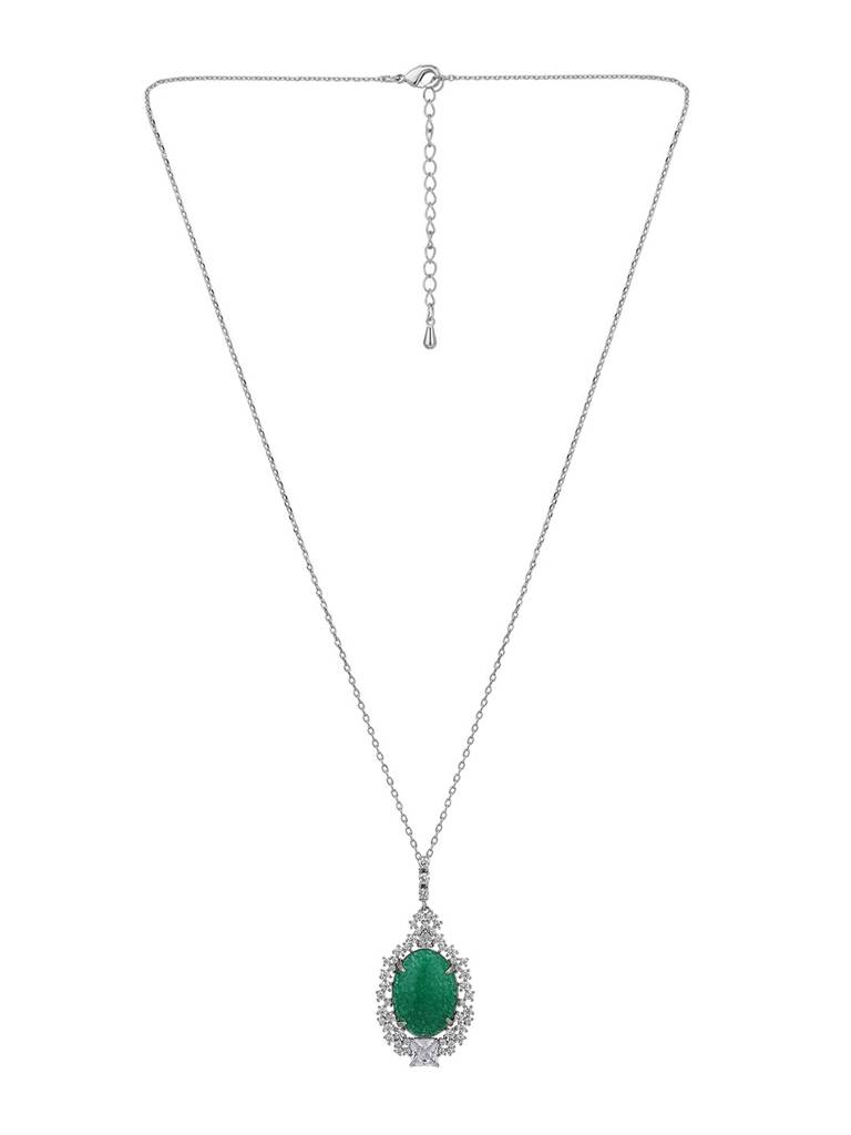 Premium Rhodium-Plated Cz-Studded & Oval-Charm Pendant With Chain : FJN4157