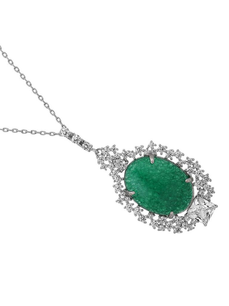 Premium Rhodium-Plated Cz-Studded & Oval-Charm Pendant With Chain : FJN4157